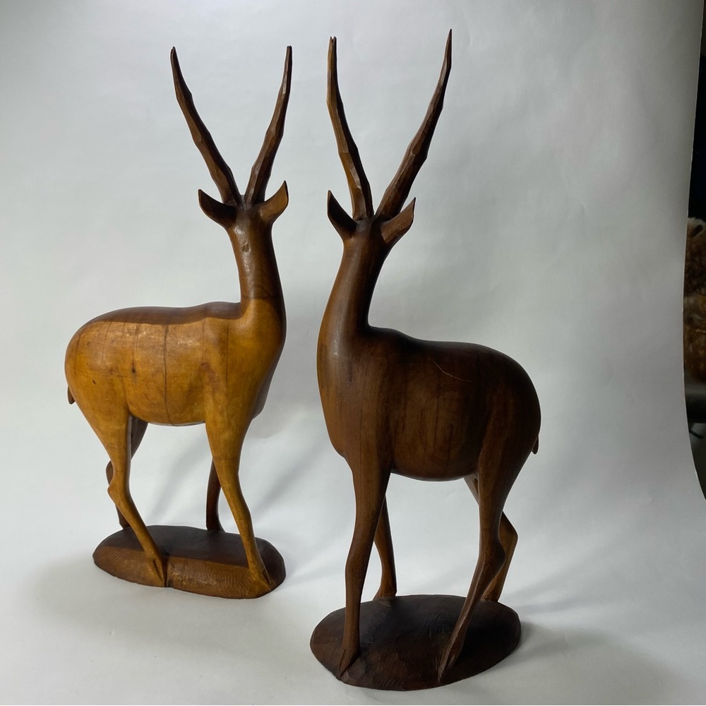 🎉LAST CALL🎉 2 MCM 14" Vintage Hand Carved Wooden Antelope Gazelle Sculptures - Picture 9 of 16